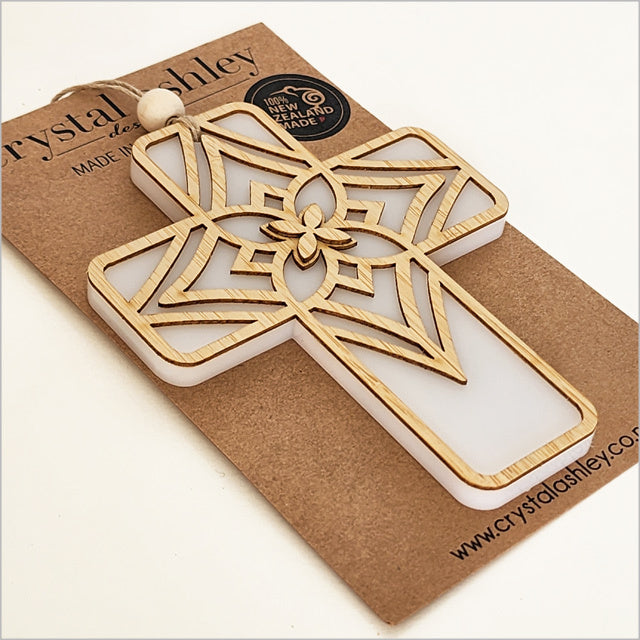 Hanging Ornament - Cross 14 Tapa 2 (White Satin Acrylic)