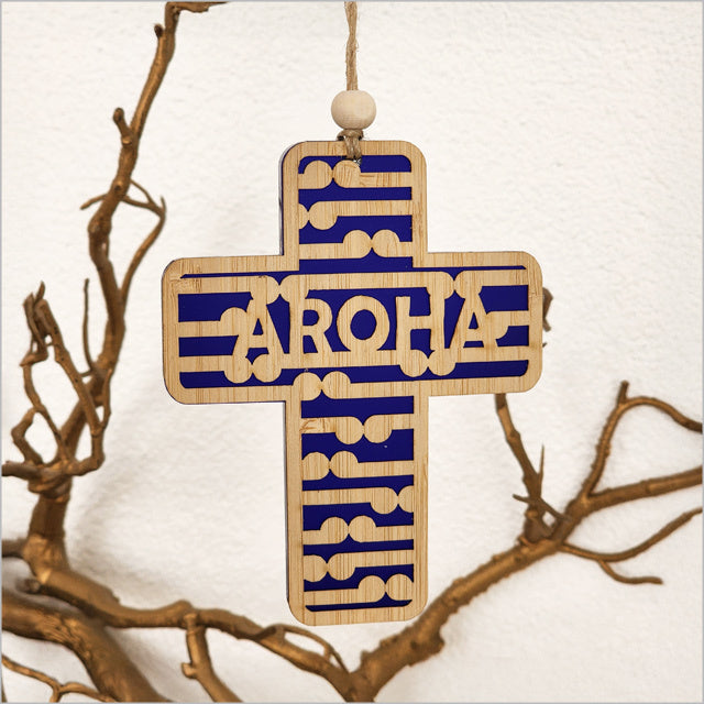 Hanging Ornament - Cross 9 Koru+Aroha (Blue Satin Acrylic)