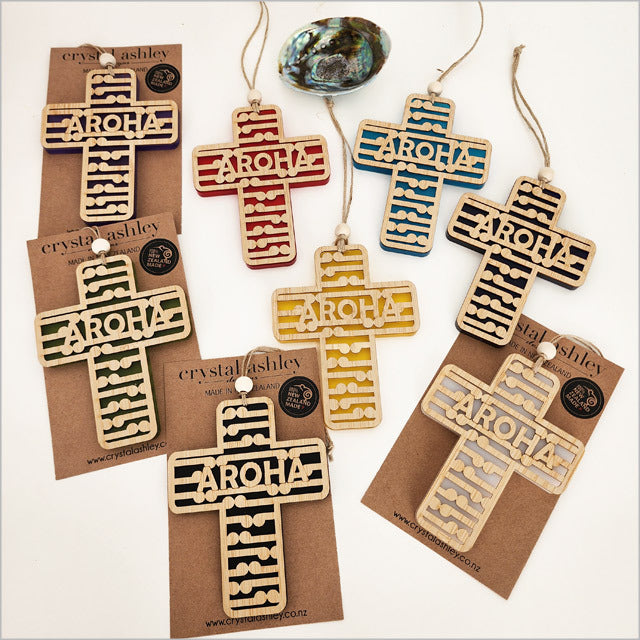 Hanging Ornament - Cross 9 Koru+Aroha (Blue Satin Acrylic)