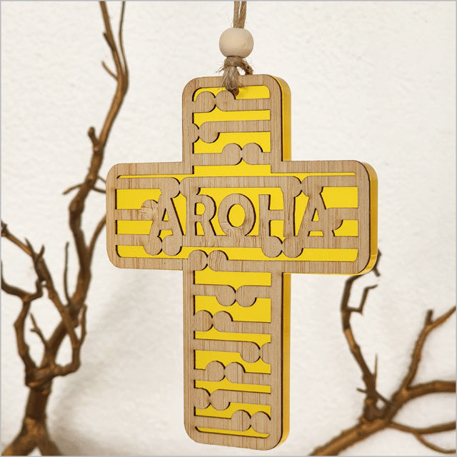 Hanging Ornament - Cross 9 Koru+Aroha (Yellow Satin Acrylic)