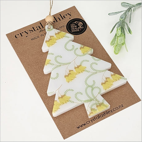 Elegant Kowhai design hanging ornament in 6mm thick satin acrylic, perfect for seasonal decor and gifting.