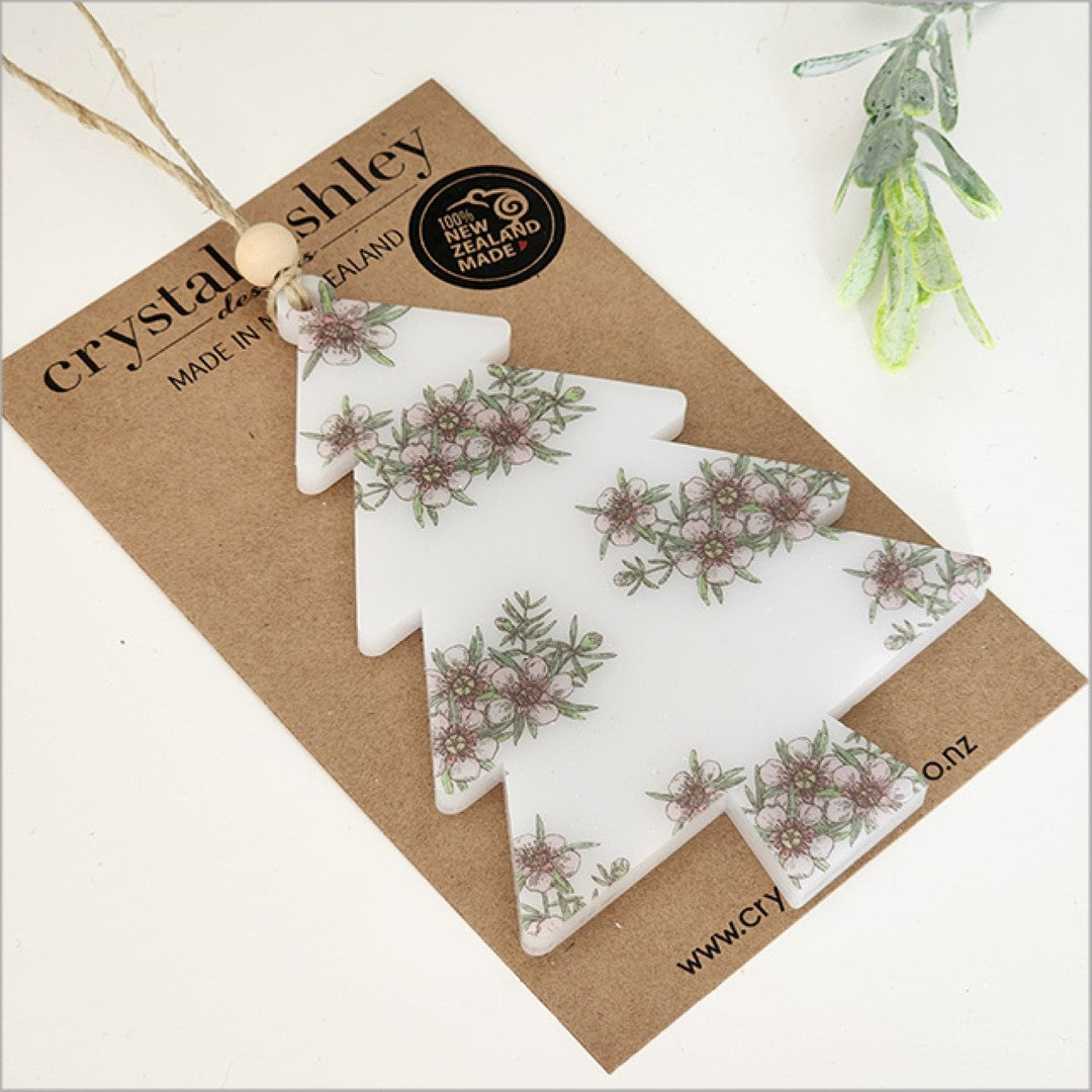 Hanging ornament featuring a printed Manuka tree design, crafted from 6mm satin acrylic, perfect for holiday decor.