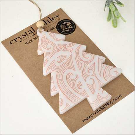 High-quality printed acrylic ornament shaped like a tree, ready to hang, perfect for festive holiday decor.