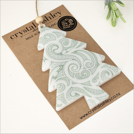 Stylish 14cm printed tree ornament in satin acrylic, perfect for holiday decor and gifting, ready to hang.