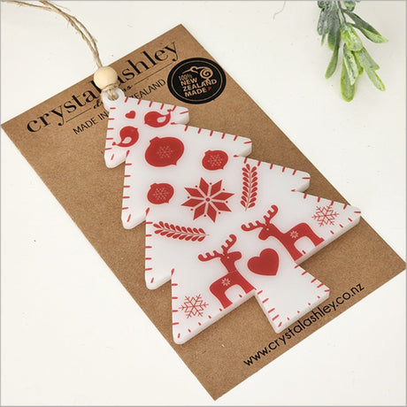 Hanging ornament featuring a printed red deer design, made from 6mm satin acrylic, perfect for festive decor.