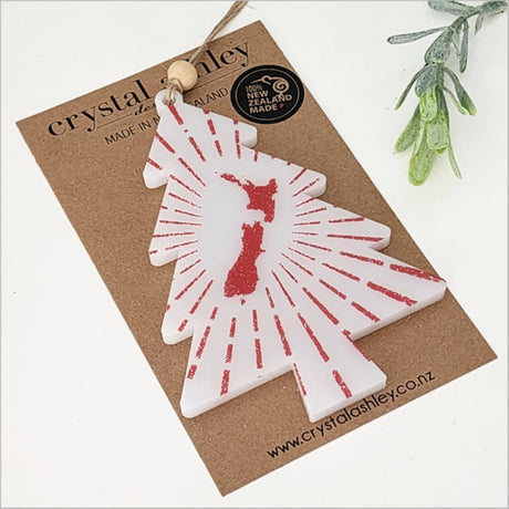 Vibrant red printed acrylic ornament shaped like a tree, perfect for holiday decorating or gifting.