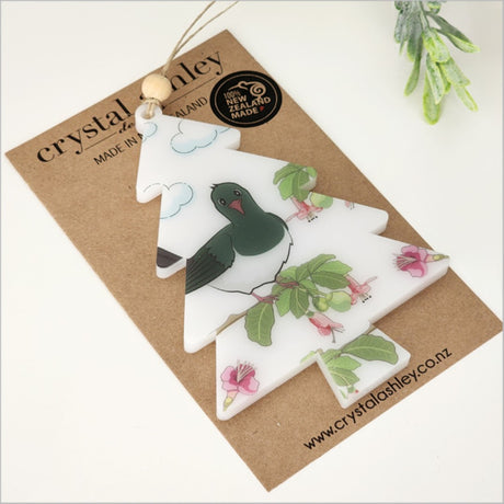 Vibrant Kereru design Christmas ornament in 6mm satin acrylic, ready to hang and perfect for gifting.