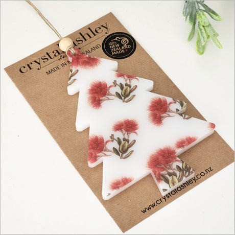Hanging ornament featuring a printed tree design, crafted from durable satin acrylic, ready to enhance your Christmas decor.