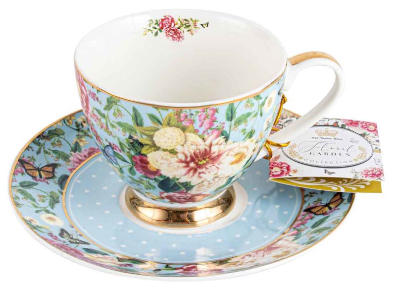 TEACUP AND SAUCER SET - FLORAL GARDEN POWDER BLUE