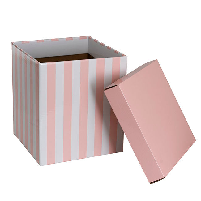 Gift Box with Lid Tall Stripes Pink and White (22x22x25cmH)