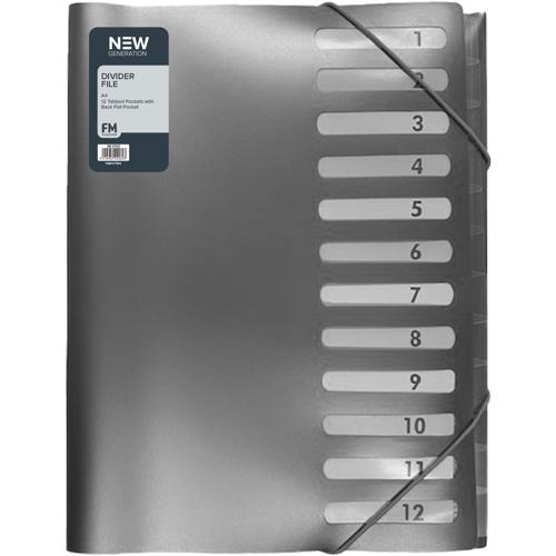 FM Divider File A4 Gunmetal Black 12 Tabbed Pockets