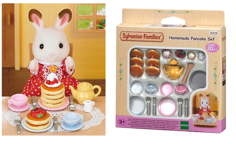 Sylvanian Families Homemade Pancake Set featuring pancakes, toppings, tea cups, frying pan, and utensils for imaginative play.