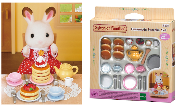 Sylvanian Families Homemade Pancake Set featuring pancakes, toppings, tea cups, frying pan, and utensils for imaginative play.