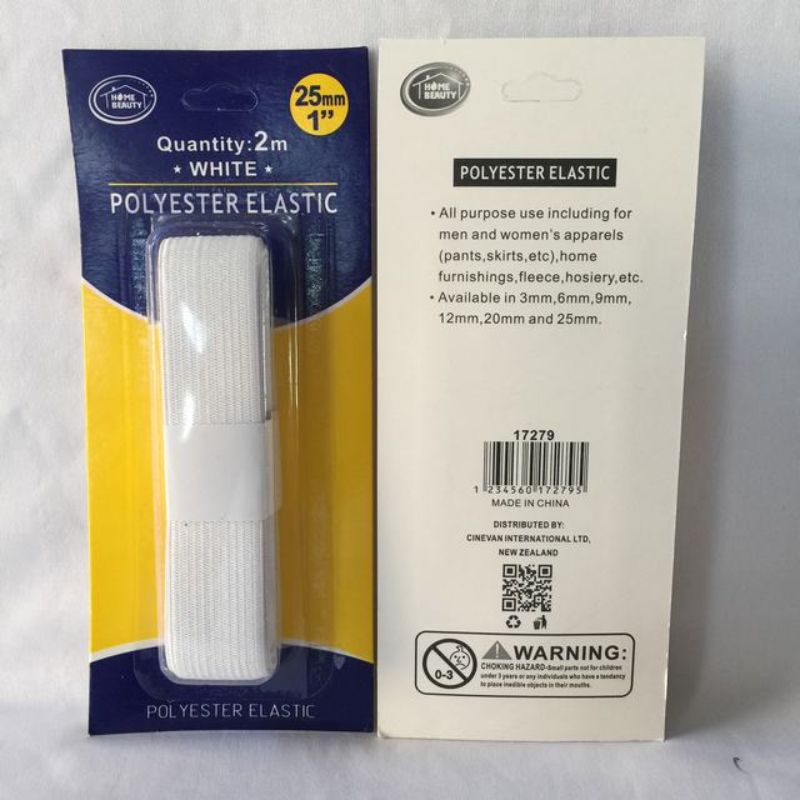 Elastic - Polyester White 25mm x 2m (12 Packs)