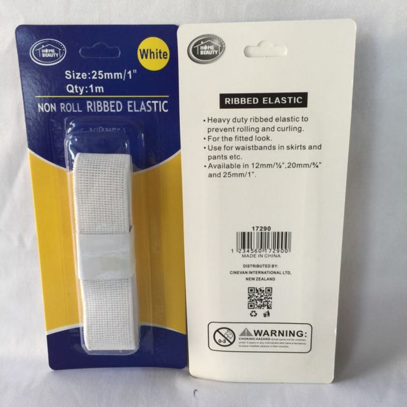 Ribbed Elastic - Polyester White 1m x 25mm (12 Packs)