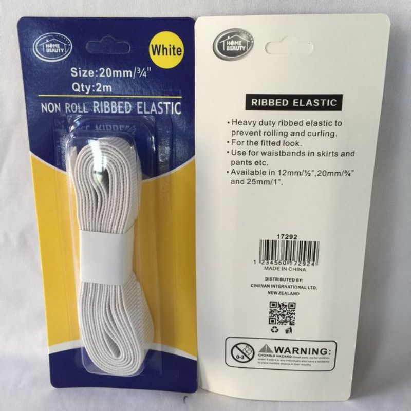 Ribbed Elastic - Polyester White 2m x 20mm (12 Packs)