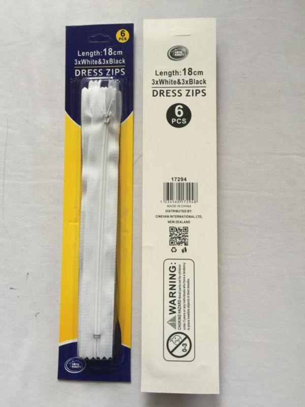 Dress Zips - 18cm (12 Packs)