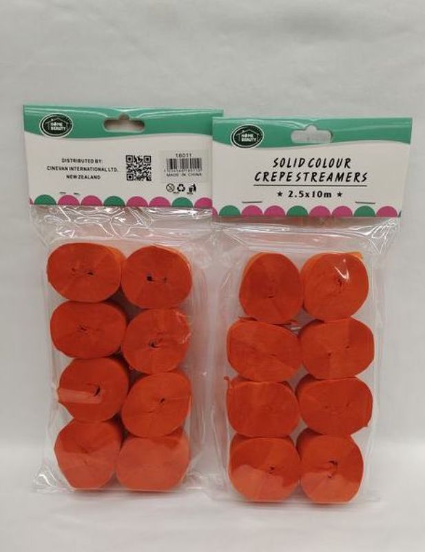 Crepe Streamers - Orange 2.5 x 10m (12 Packs)