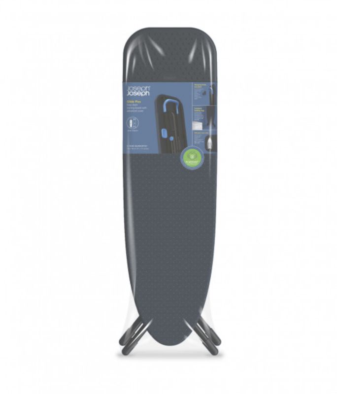 Joseph Joseph Glide Plus Easy-store Ironing Board in Black/Blue, compact design, adjustable height, and innovative DripShield™ cover.