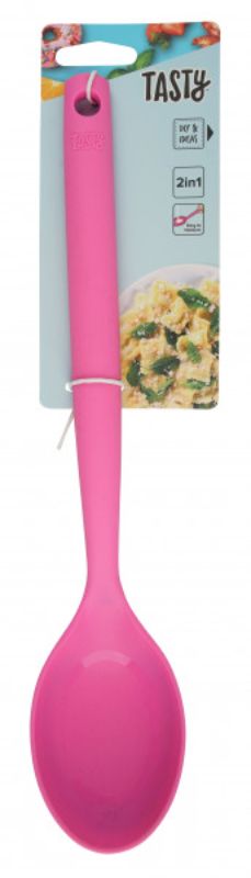 Tasty Silicone Spoon in vibrant colors, ergonomically designed for cooking and serving, heat-resistant and scratch-free.