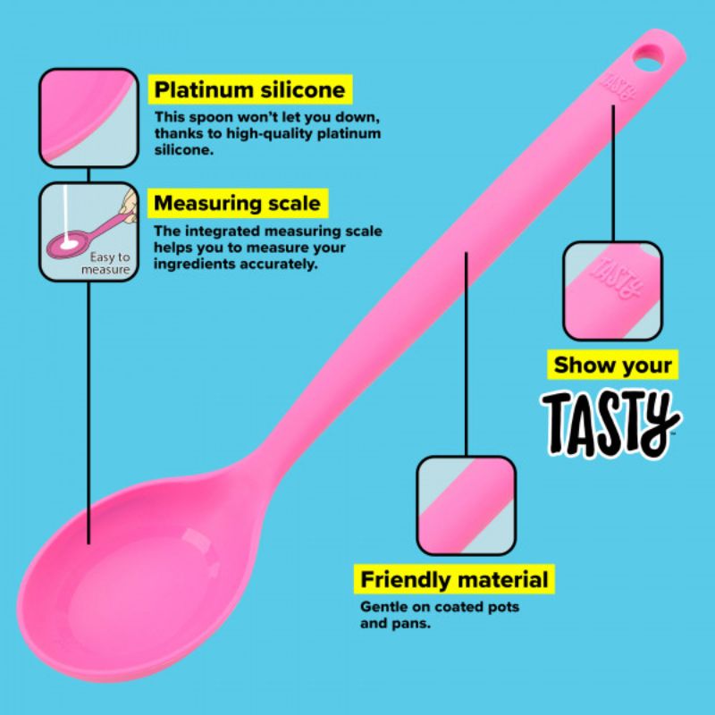 Tasty Silicone Spoon in vibrant color, ideal for cooking, serving, and protecting non-stick cookware. Dishwasher safe.