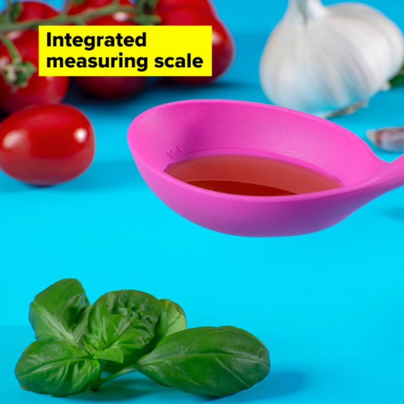 Tasty Silicone Spoon, heat-resistant, ergonomic, non-stick safe, with measurement indicators for precise cooking.