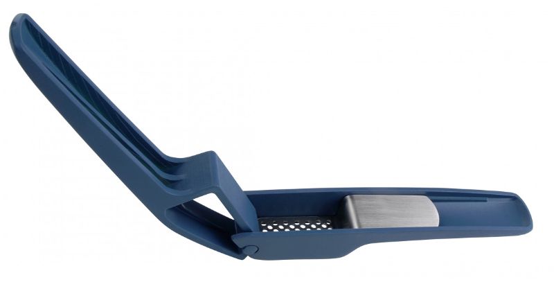 Tasty Garlic Press in stainless steel with ergonomic grip, enhancing flavor by mincing garlic effortlessly.