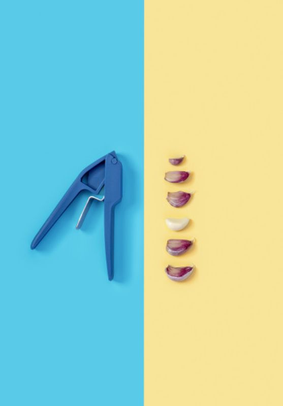 Tasty Garlic Press in stainless steel with colorful design, for crushing garlic effortlessly and enhancing meal flavors.