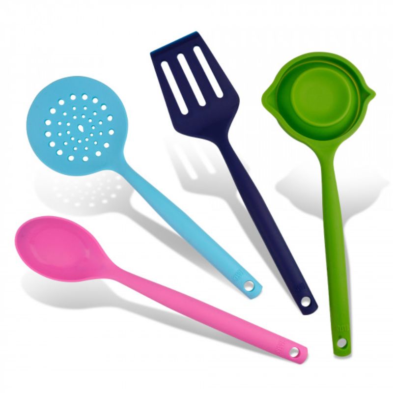 Vibrant 4-piece silicone tool set includes slotted spoon, straining spoon, serving spoon, and foldable ladle for versatile cooking.