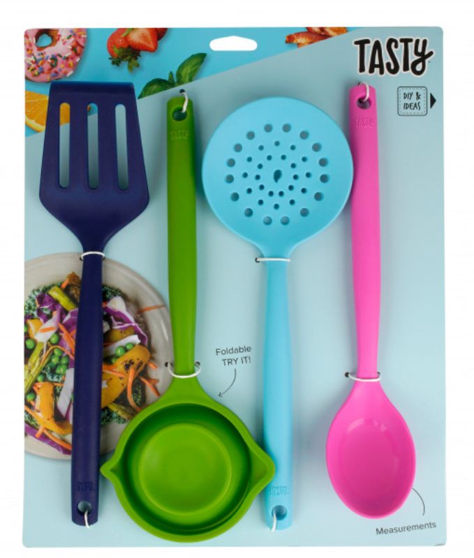 Vibrant 4-piece silicone kitchen tool set for versatile cooking, safe for non-stick cookware, and dishwasher safe.