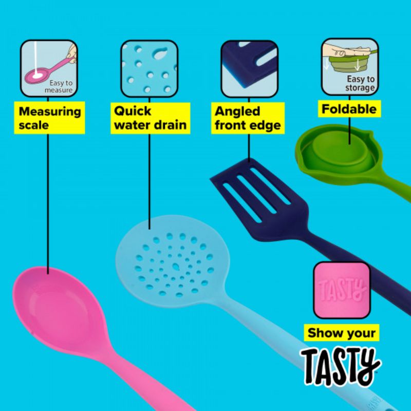 Vibrant 4-piece Tasty Silicone Tool Set featuring heat-resistant utensils for cooking, serving, and straining.