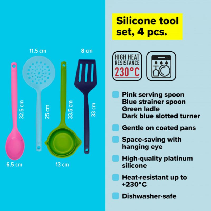Vibrant 4-piece silicone kitchen tool set for cooking, serving, and straining, safe for non-stick surfaces.