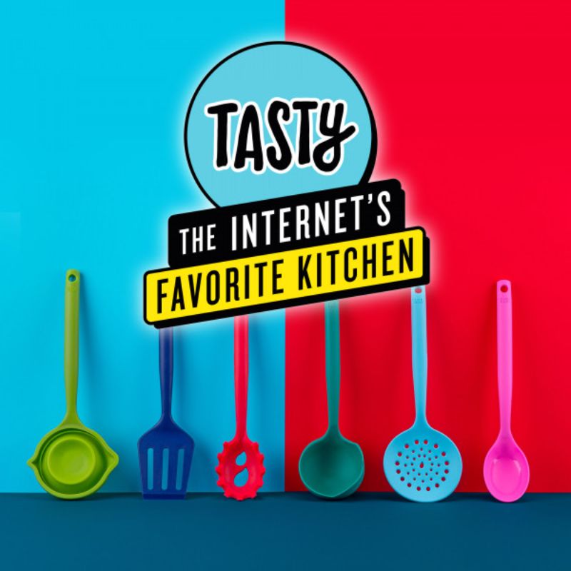 Vibrant 4-piece silicone kitchen tool set including slotted spoon, straining spoon, serving spoon, and foldable ladle.