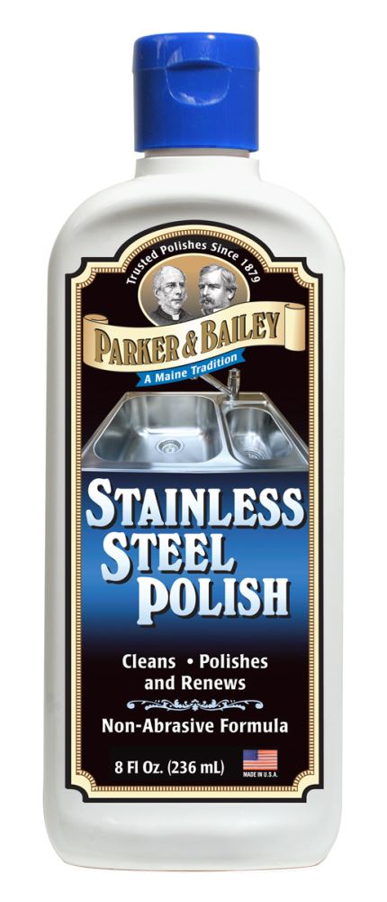 Parker Bailey Stainless Steel Polish in an 8 fl oz bottle, cleans and polishes stainless steel for a streak-free shine.