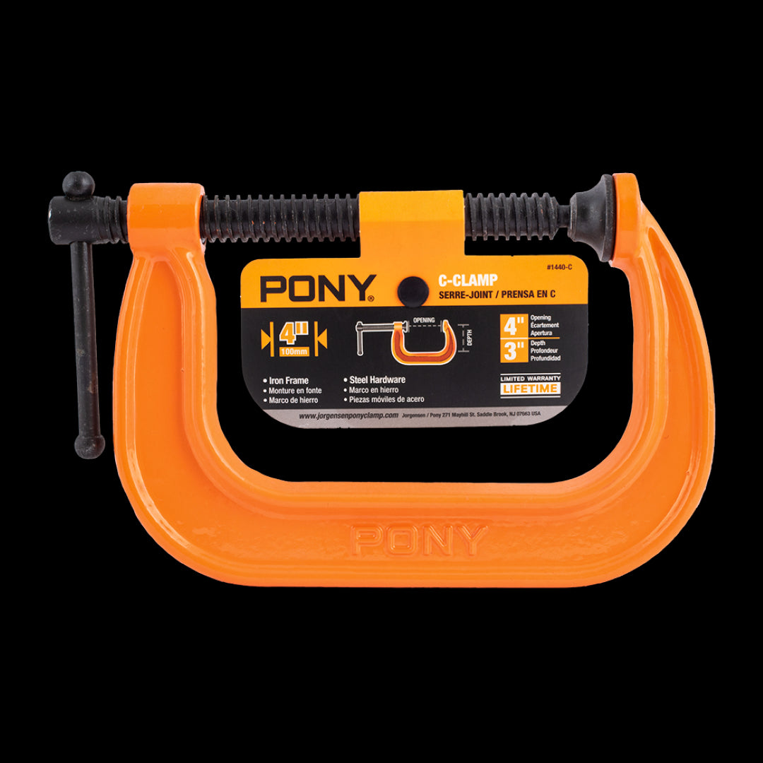 PONY JORGENSEN 100mm Classic C-Clamp, lightweight, durable, with 4-inch max opening and secure fastening for DIY projects.