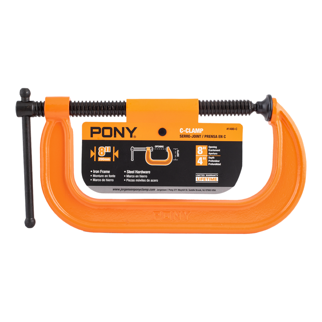 PONY JORGENSEN 200mm Classic C-Clamp with durable ductile iron, zinc-plated screws, and orange finish for superior grip and performance.