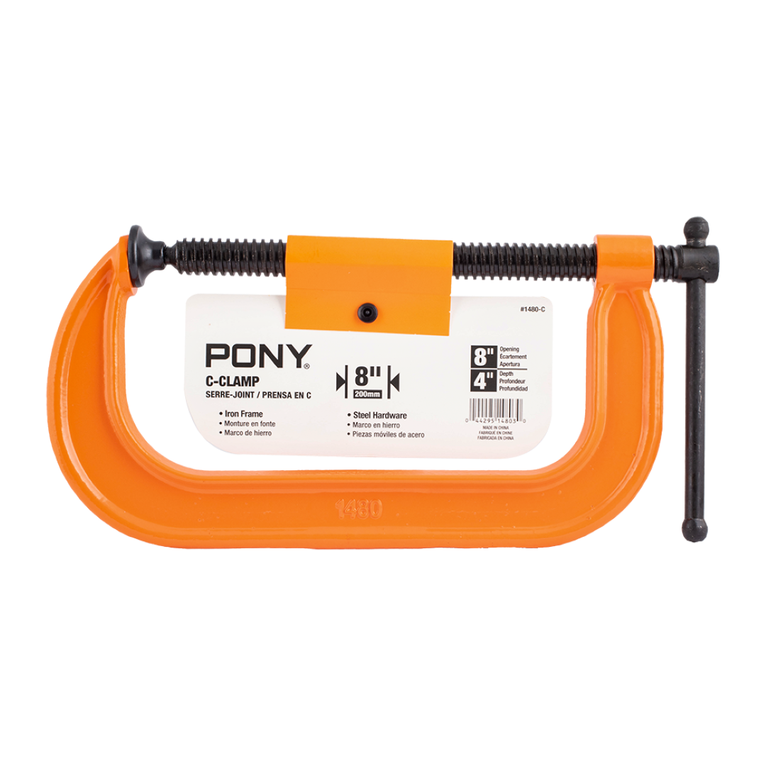 PONY JORGENSEN 200mm Light-Duty C-Clamp with powder-coated finish and high clamping force for woodworking and metalworking tasks.