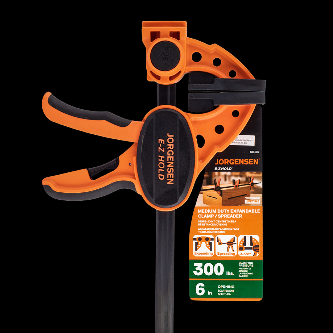 PONY JORGENSEN 150mm bar clamp with one-handed operation, ergonomic grip, and expandable features for woodworking tasks.