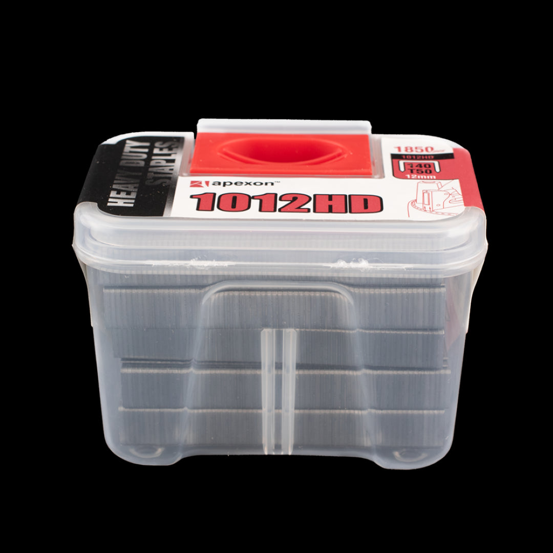 APEXON 12mm heavy-duty staples in a plastic case, 1850 count, compatible with various staplers and designed for durability.