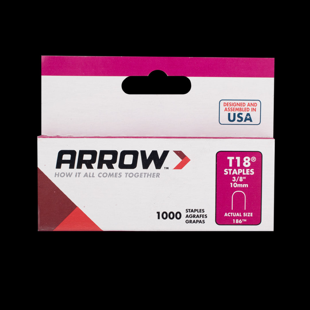 ARROW T18 10mm staples, durable steel staples for telephone and low-voltage cable applications, pack of 1000.