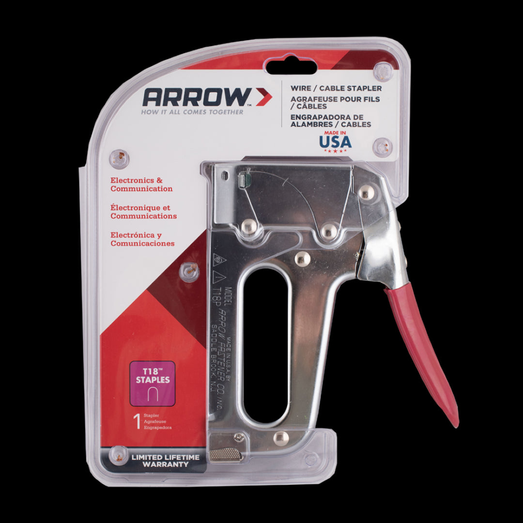 Arrow T18 Cable Staple Gun features all-steel construction, chrome finish, and jam-resistant mechanism for low voltage wiring projects.