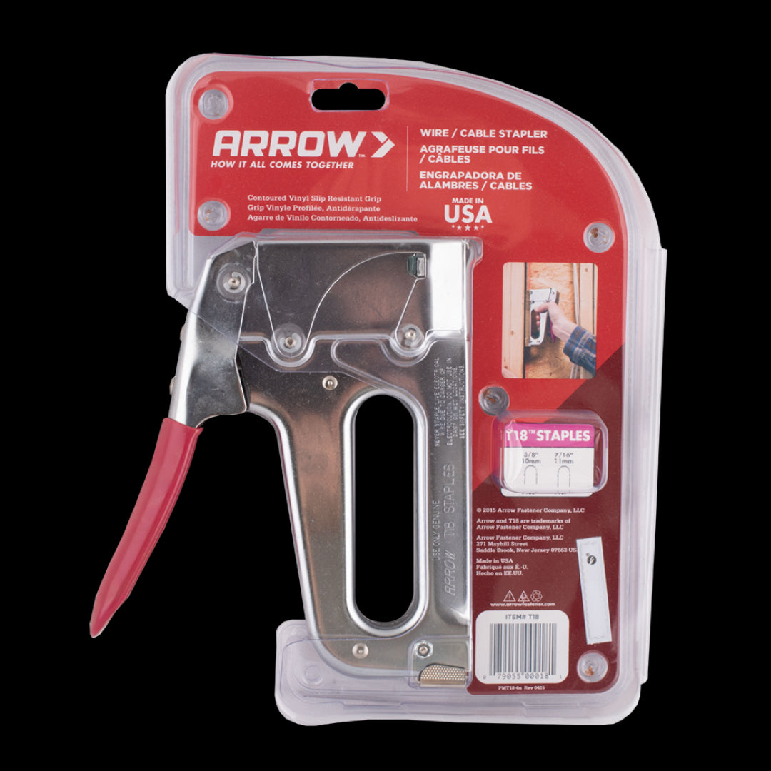 Arrow T18 Cable Staple Gun with durable steel construction, chrome finish, and jam-resistant mechanism for low voltage wiring.