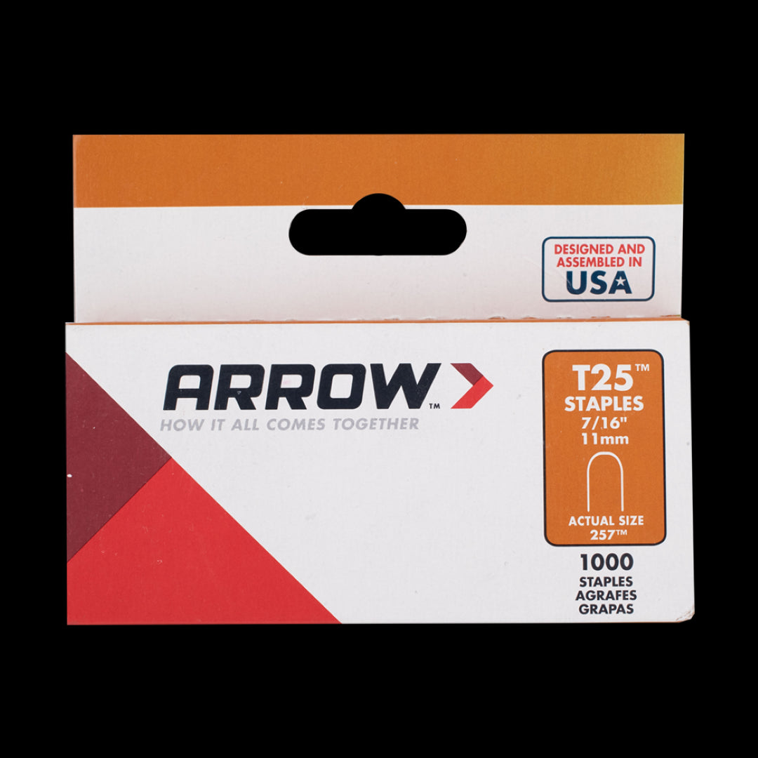 ARROW T25 11mm Staples for securing cables, heavy-duty steel, 1000 pack, ideal for professional and DIY projects.