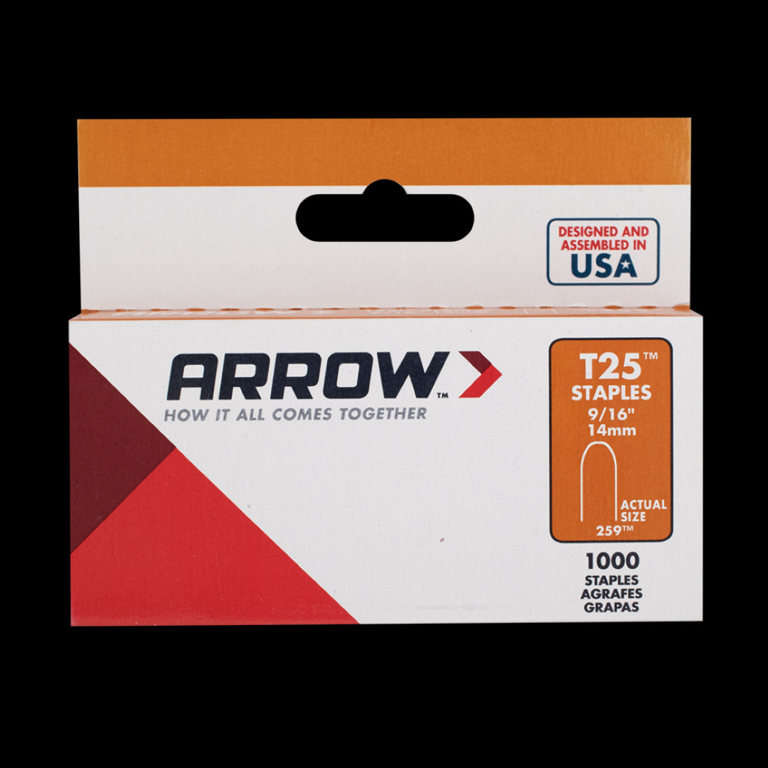 ARROW T25 14mm Staples for secure fastening of CAT5, CAT6, and coax cables; durable, heavy-duty steel construction.