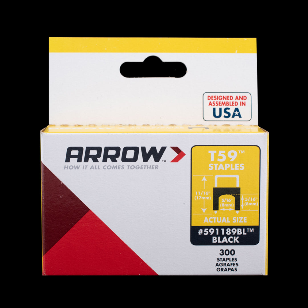 ARROW T59 insulated black staples, 8mm x 8mm, ideal for secure cable management and tidy installations.