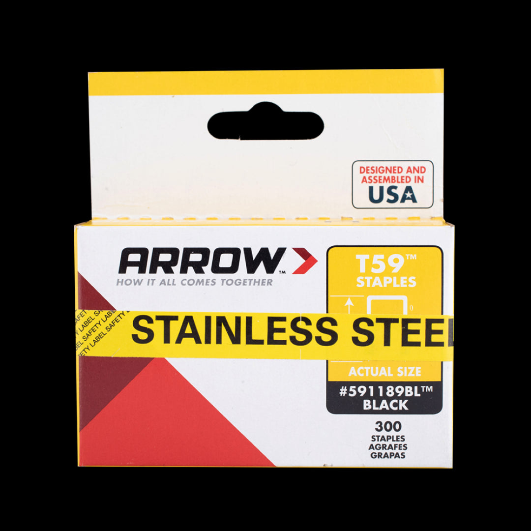 ARROW T59 insulated stainless steel staples in black for secure cable management, compatible with various tackers, 300 count.