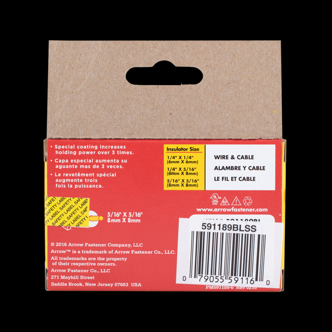 ARROW T59 insulated stainless steel staples for secure cable management, 8mm x 8mm, pack of 300 with black insulators.