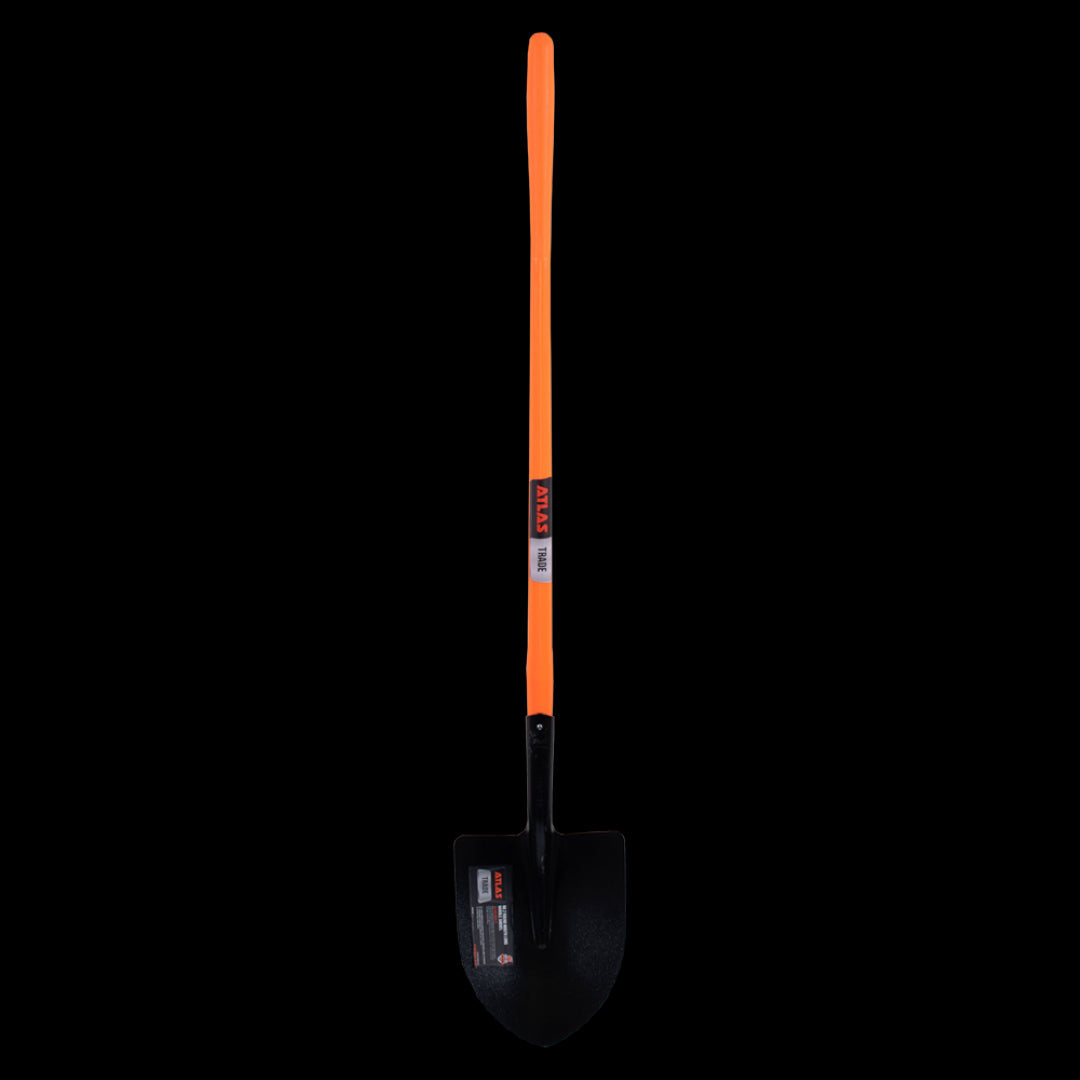ATLAS Round Mouth Shovel features a long fibreglass handle and tempered steel head, ideal for tough gardening tasks.