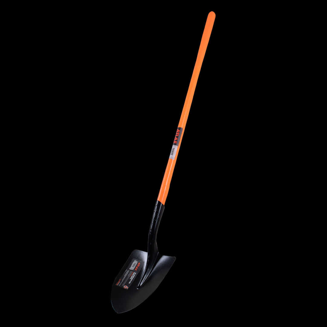ATLAS Round Mouth Shovel with long fibreglass handle, designed for durable and efficient gardening tasks.