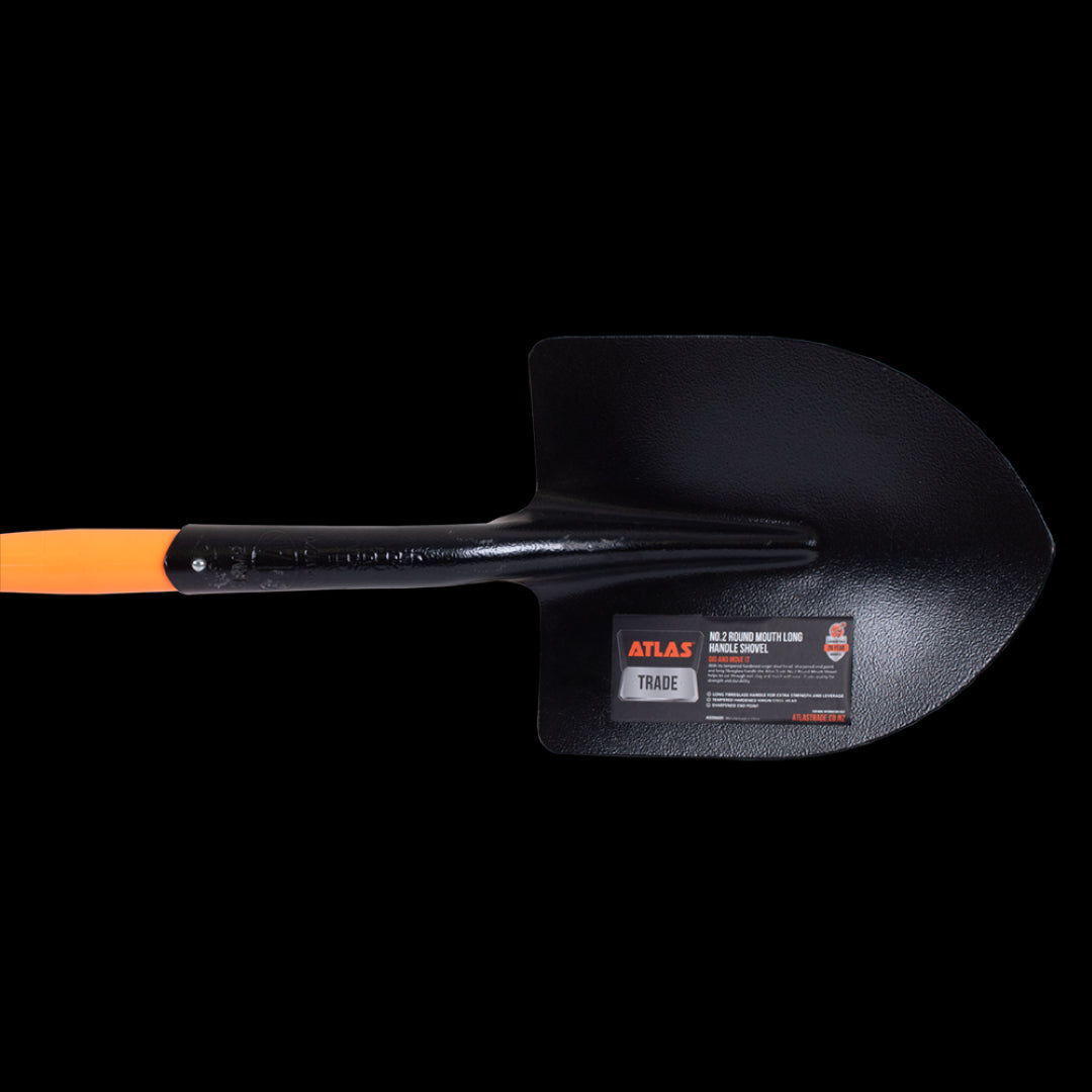 ATLAS Round Mouth Shovel with long fibreglass handle, designed for durable and efficient gardening.